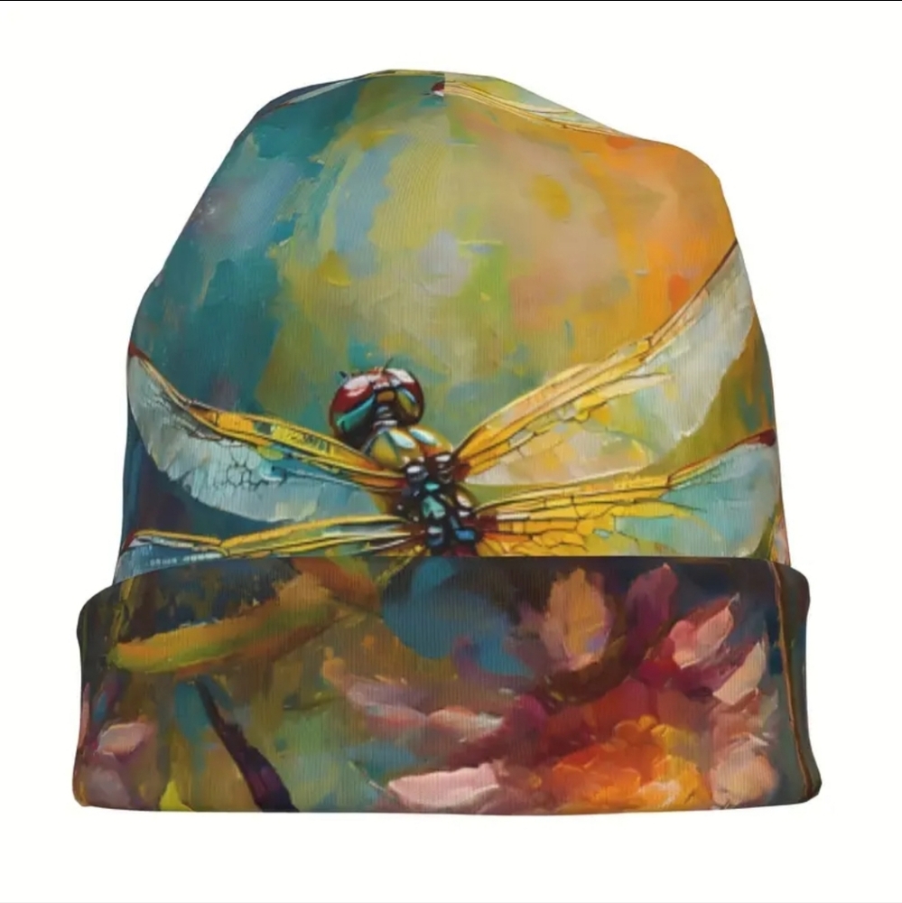 Set of 3 Boho Dragonfly Knit Beanies, Stretchy Soft Polyester Cancer Cap - Picture 3 of 8